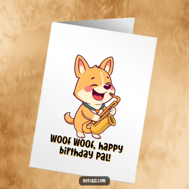 Funny Free Printable Birthday Card: A happy dog with a wide grin plays a saxophone with musical gusto, joyfully.