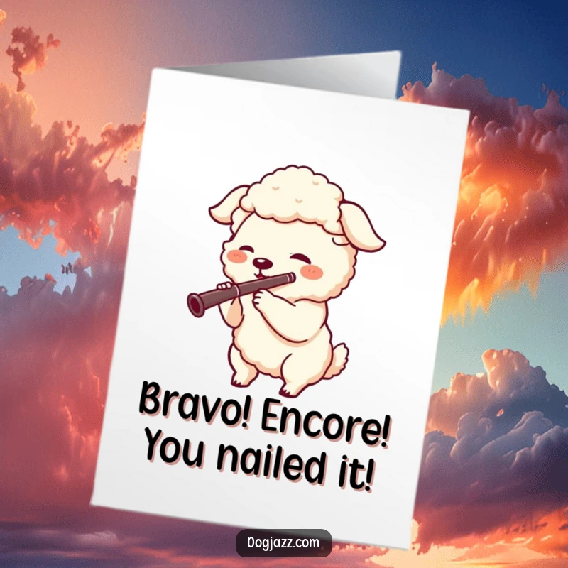 Funny Free Printable Congrats Card: A sheepdog character joyfully playing a clarinet, celebrating success with a lively fanfare.