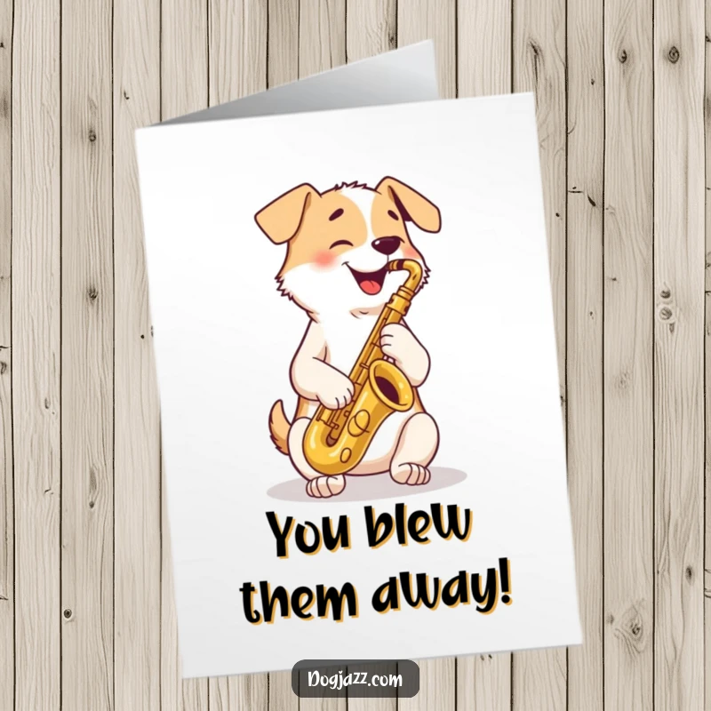 Funny Free Printable Congratulations Card: A happy dog plays a tenor saxophone with crossed paws. Bravo!