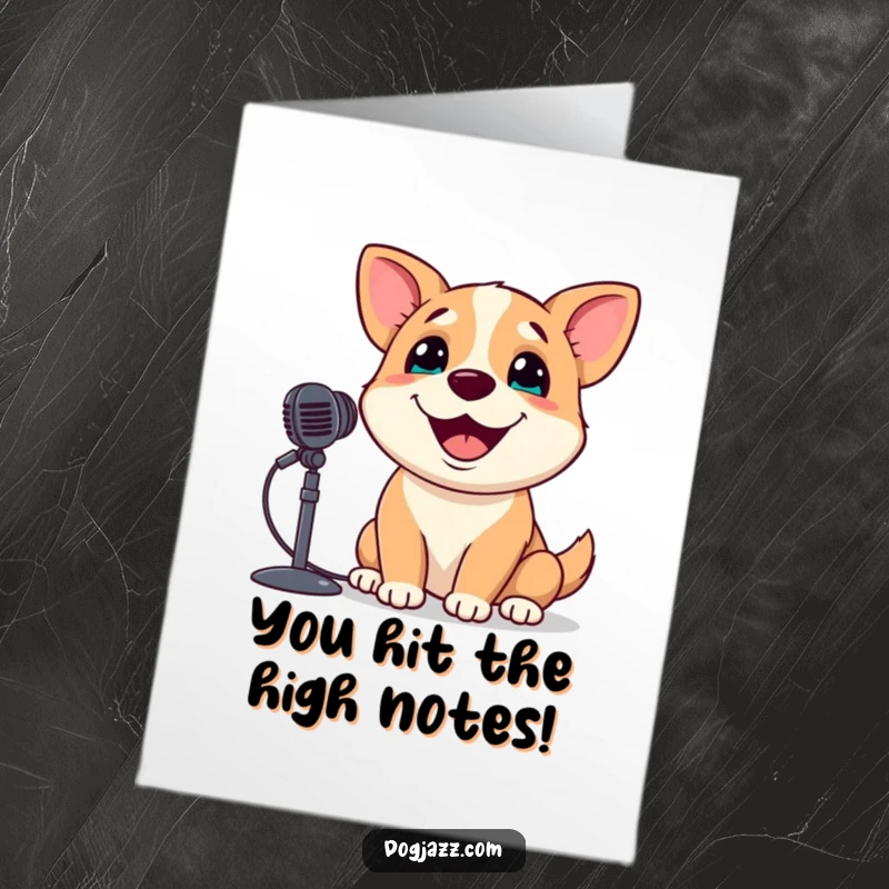 Funny Free Printable Congrats Card: A dog grinning while singing into a microphone, celebrating a great success.
