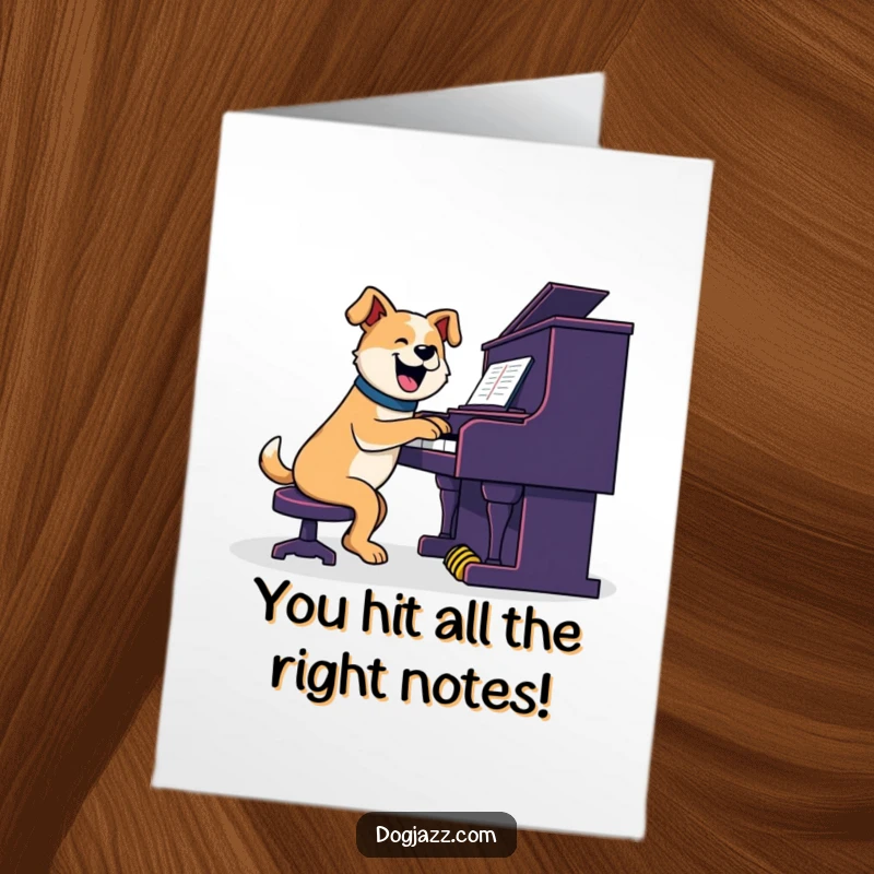 Funny Free Printable Congratulations Card: A dog enthusiastically plays a jazzy piano, its performance filled with soul and rhythm.