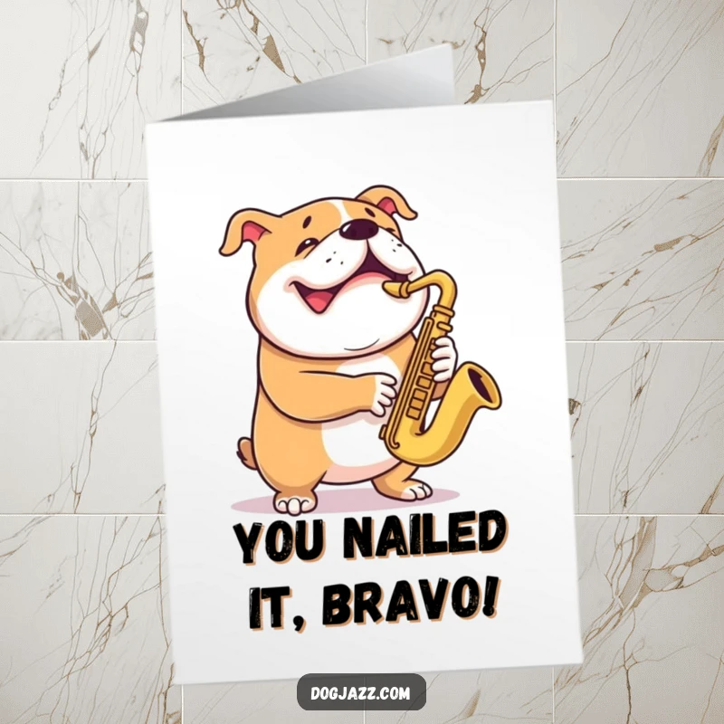 Funny Free Printable Congratulations Card: A grinning bulldog passionately plays the saxophone, celebrating success in style.