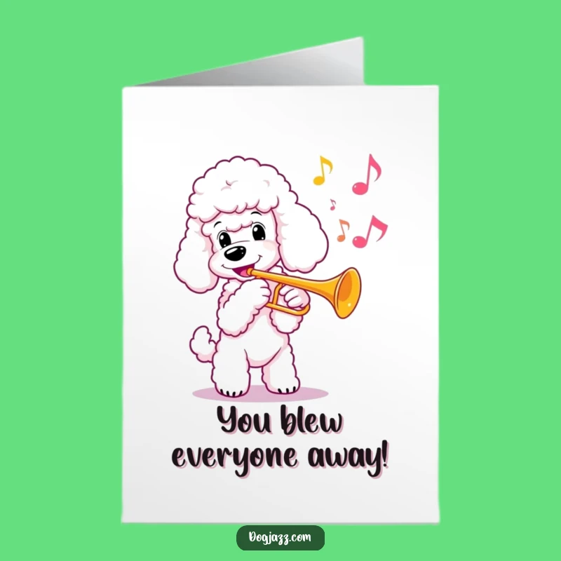 Free Printable Congrats Card: Poodle Trumpet Fanfare, Celebratory Downloadable