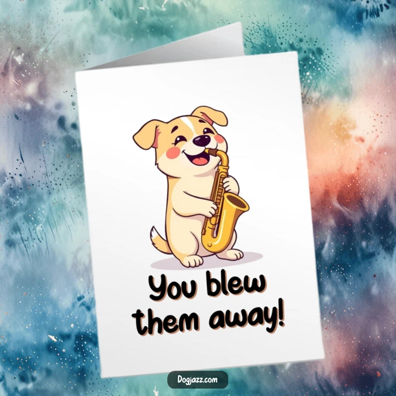 Funny Free Printable Congratulations Card featuring a dapper dog with crossed paws playing a tenor saxophone, celebrating a great accomplishment.