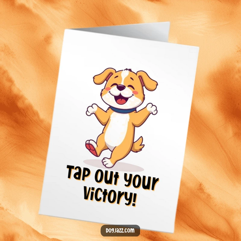 Funny free printable congratulations card featuring a dog performing enthusiastic tap dance moves with joyful, rhythmic footwork.