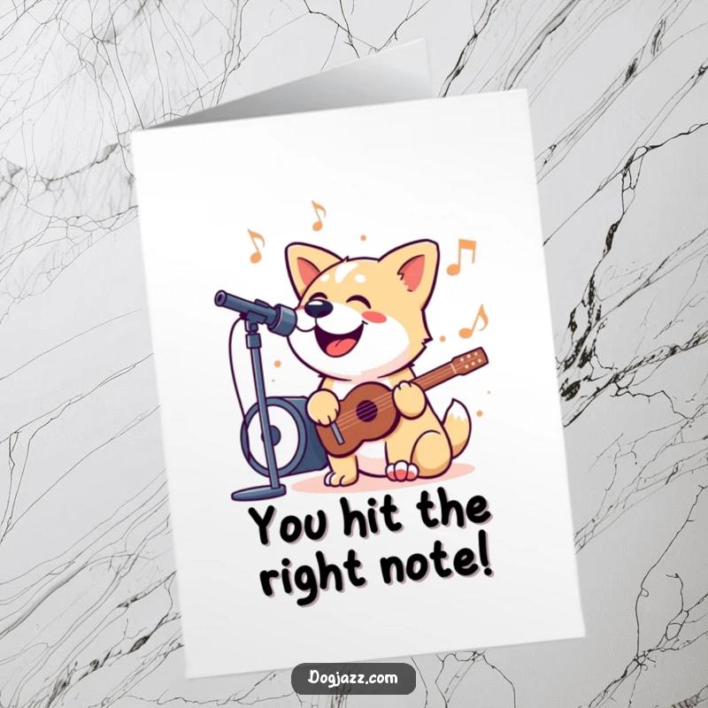 Funny Free Printable Congratulations Card: A dog enthusiastically singing a jazzy tune with eyes closed in pure musical bliss, celebrating success.