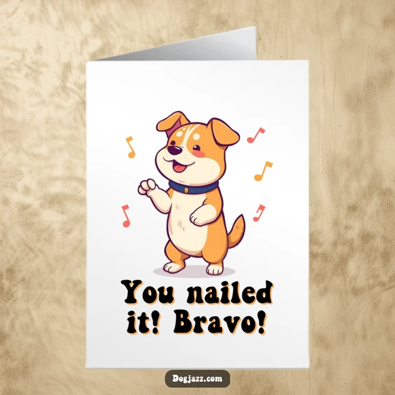Funny Free Printable Congratulations Card: A happy dog enthusiastically tapping its paws to a lively rhythm, conveying sheer excitement and celebration.