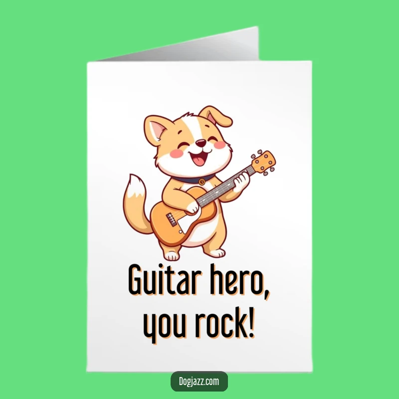 Free Printable Congrats Card: Cheerful Dog Guitar Strum Humor Downloadable Gift