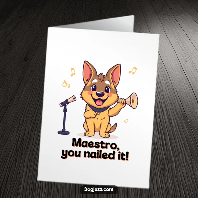 Funny Free Printable Congratulations Card of a German Shepherd beaming while conducting a band, celebrating success with gusto. A downloadable ovation.