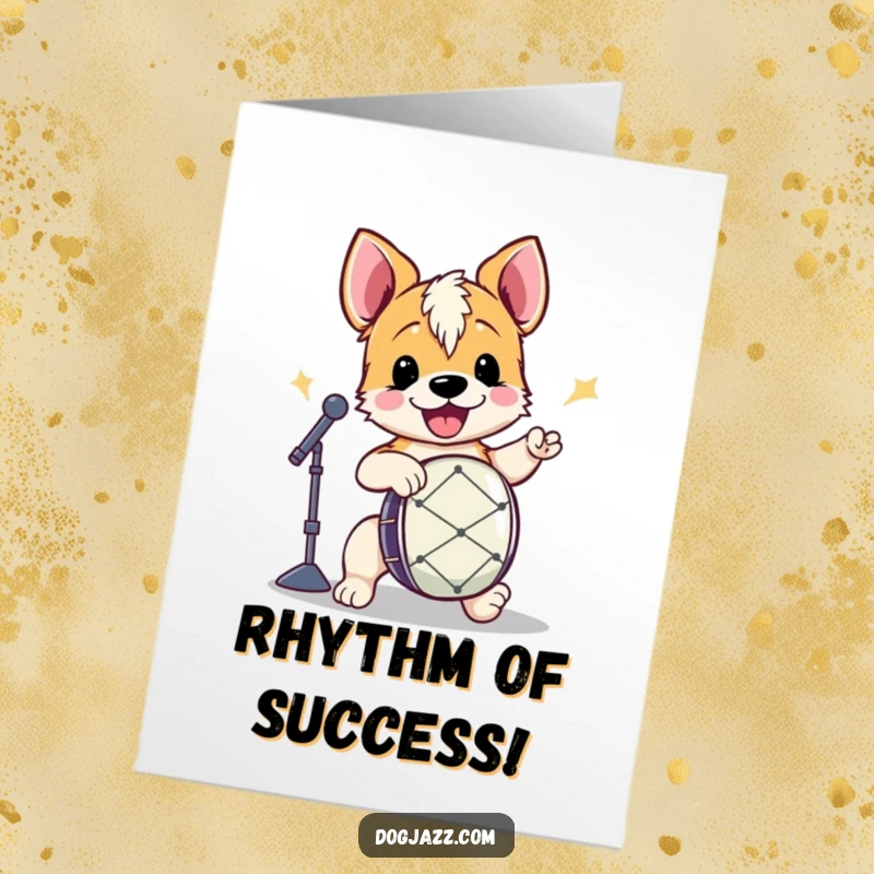 Funny Free Printable Congrats Card: Energetic terrier character drumming a celebratory rhythm, acknowledging achievement, DIY.