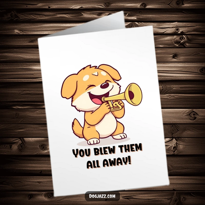 Funny Free Printable Congrats Card: A grinning dog energetically playing a trumpet to celebrate their win.