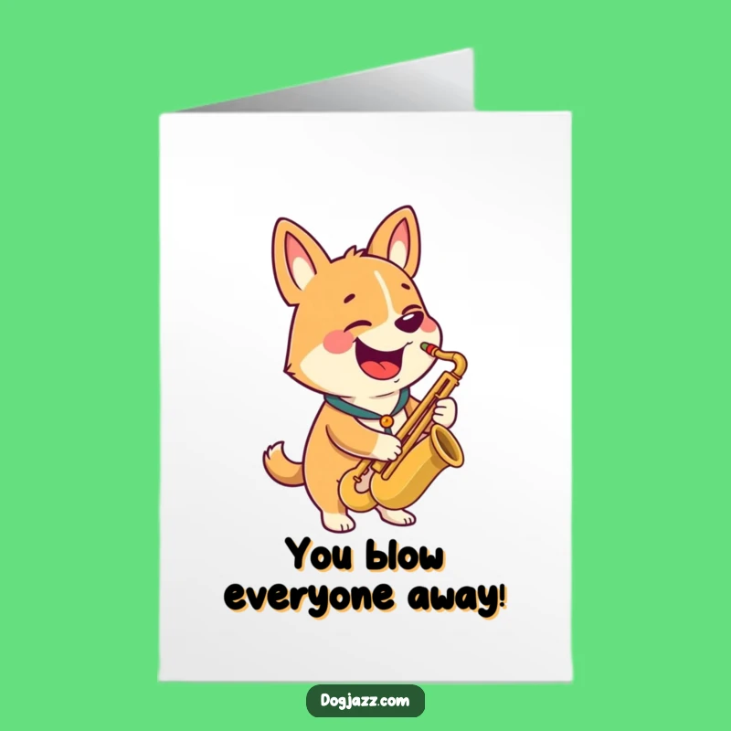 Free Printable Congrats Card: Happy Dog Saxophone Celebration Humor Downloadable Gift