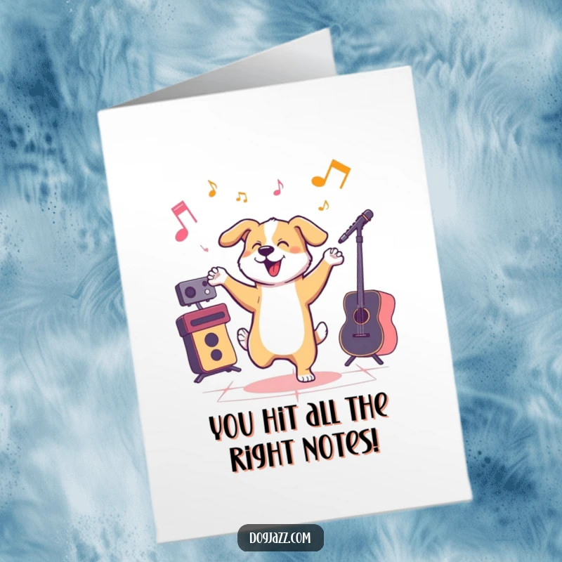 Funny free printable congratulations card of a dog doing a jazzy dance, celebrating a fantastic achievement.
