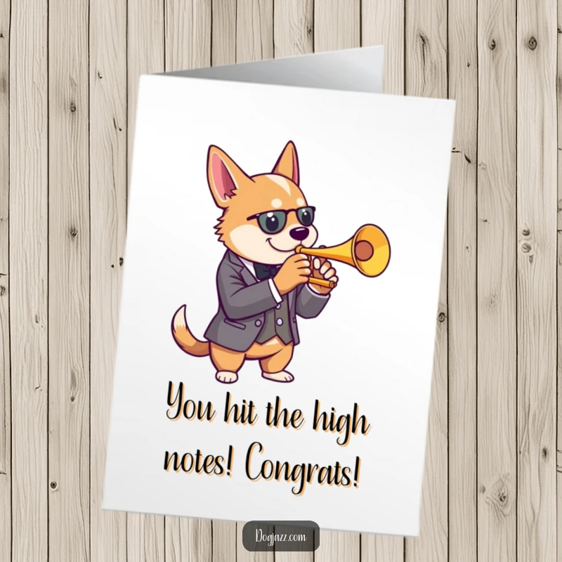 Funny Free Printable Congratulations Card: A dog in a sharp suit plays a cool jazz trumpet, signifying a stylish victory.