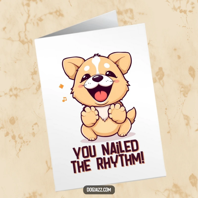 Funny free printable congratulations card of a dog tapping its paws to create a happy, celebratory rhythm.