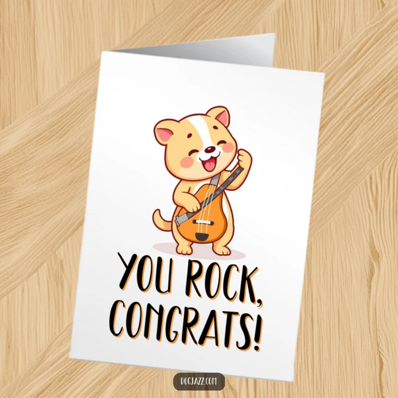 Funny free printable congratulations card showing a dog energetically playing a bass guitar, celebrating success with groovy rhythm.