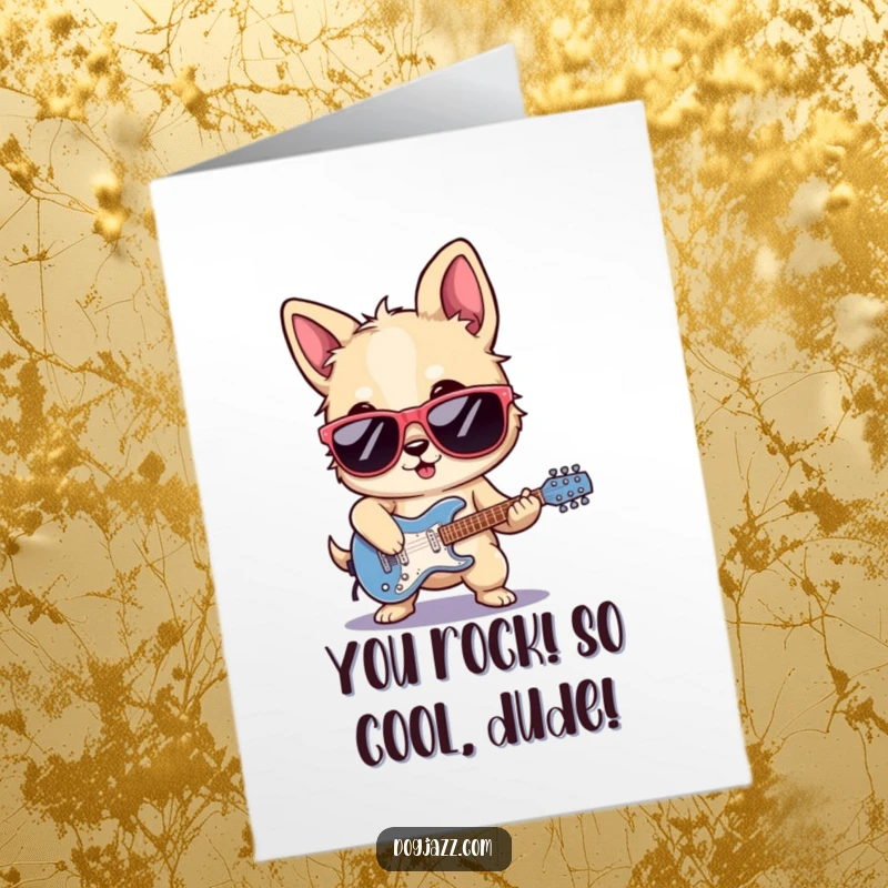 Funny Free Printable Congratulations Card showing a dog in sunglasses playing electric guitar with awesome flair, celebrating success with style.