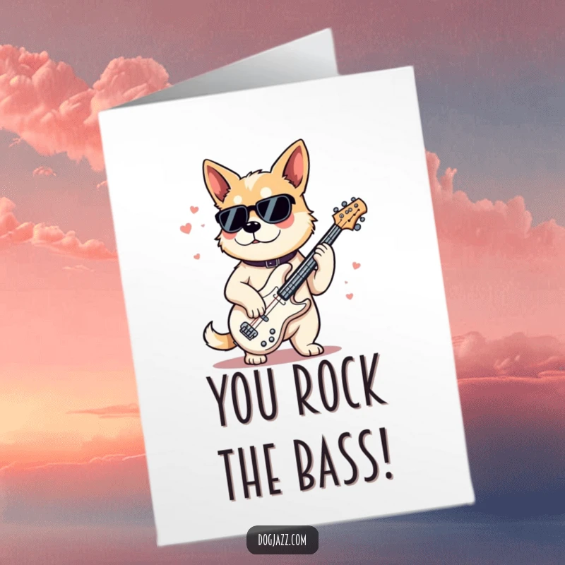 Funny Free Printable Congratulations Card: A dog wearing sunglasses looking super cool while playing a jazz bass, embodying smooth sophistication.
