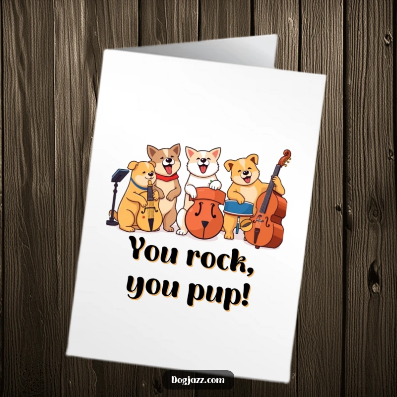 Funny Free Printable Congrats Card: A group of dogs playing various jazz instruments together in perfect harmony, congratulating.