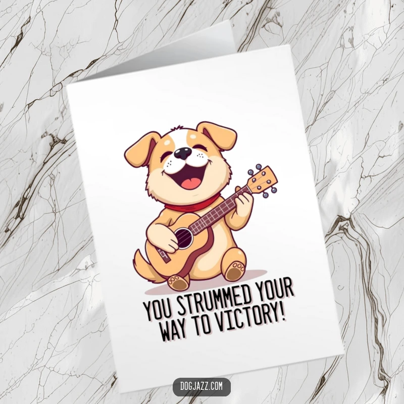 Funny Free Printable Congrats Card: A joyful dog strumming a miniature ukulele, celebrating your success.