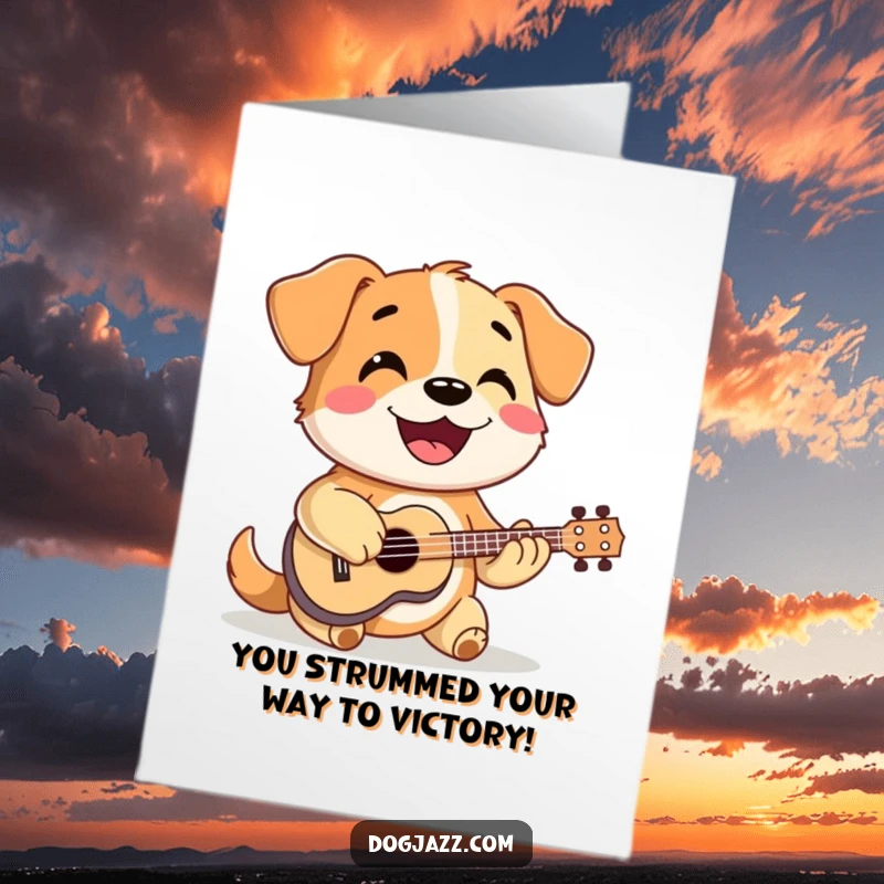 Funny Free Printable Congratulations Card: Happy dog enthusiastically strumming a ukulele with a smile, musical success, downloadable greeting.