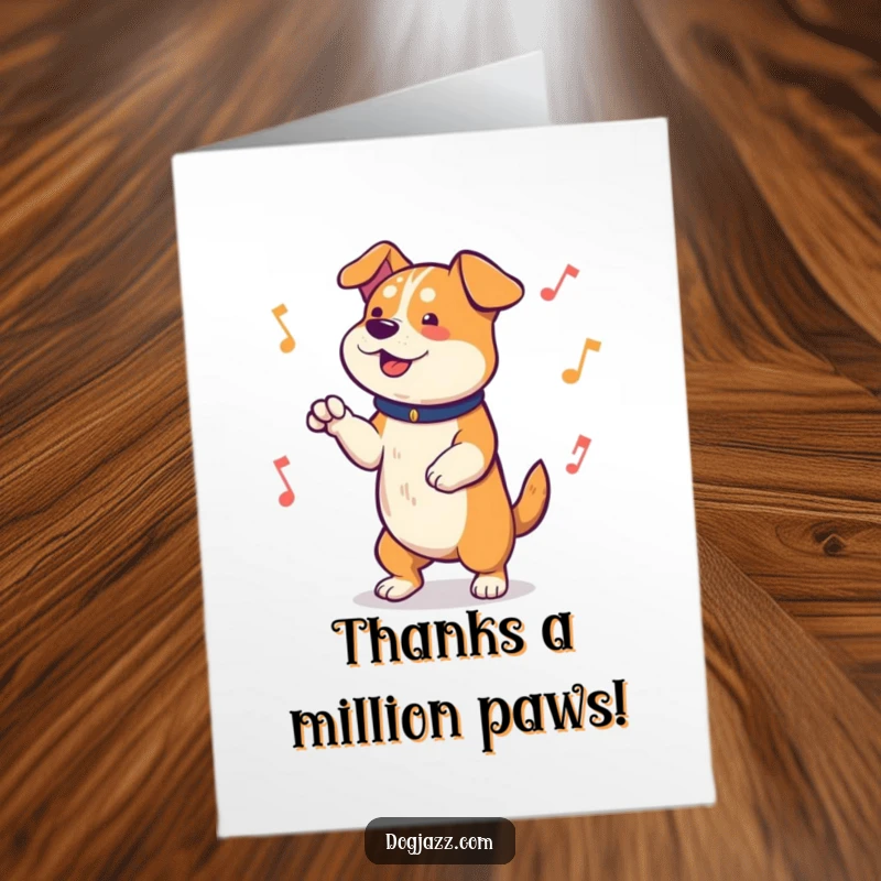Funny Free Printable Thank You Card: A cheerful dog with a big smile tapping its paws rhythmically, showing gratitude and good vibes.