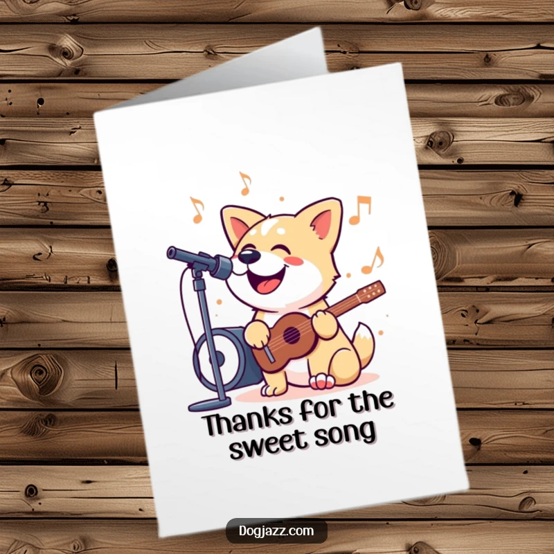 Funny Free Printable Thank You Card: A dog happily singing a jazzy song with a joyful expression, conveying heartfelt thanks musically.