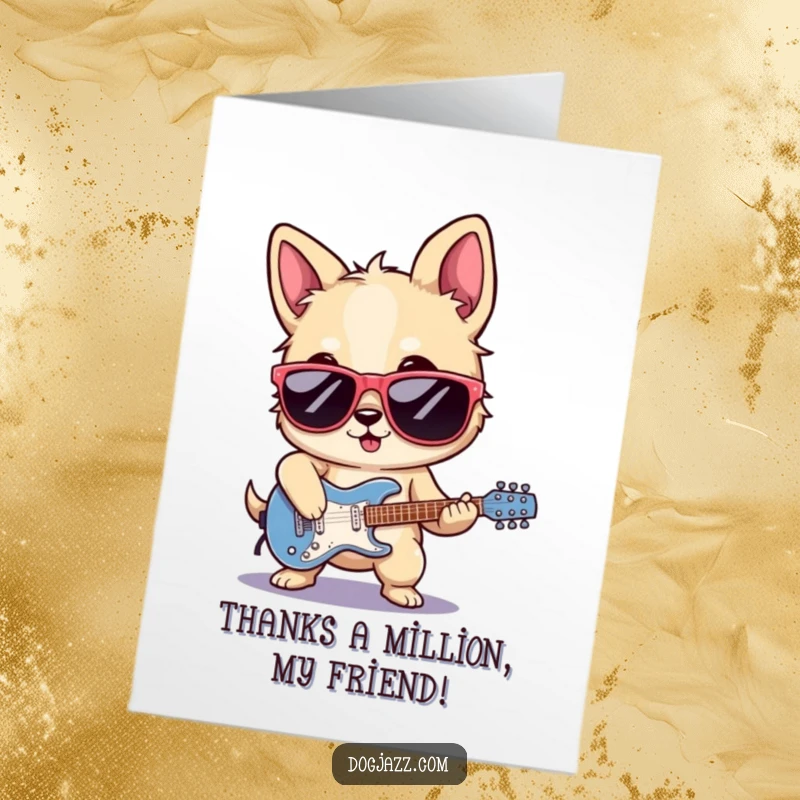 Funny Free Printable Thank You Card featuring a dog in sunglasses playing electric guitar with flair, a rockin' way to say thanks.
