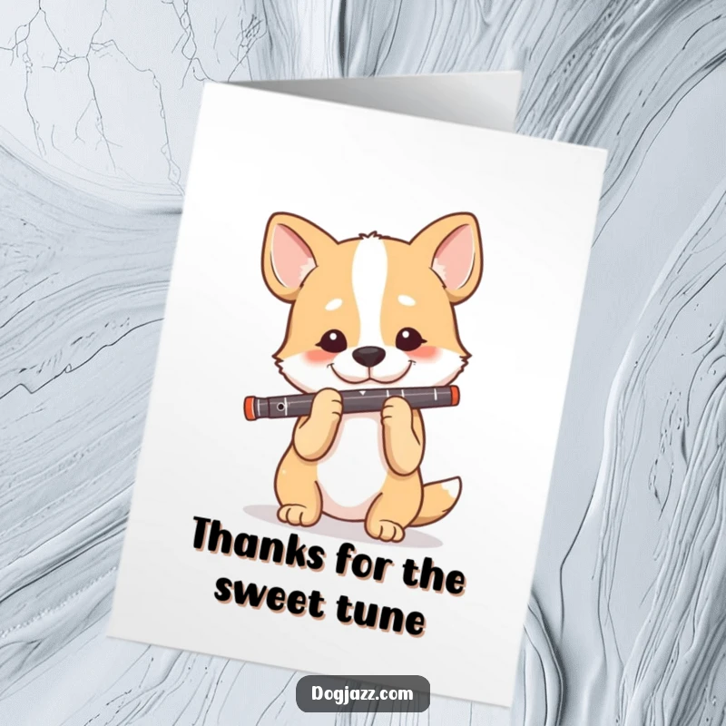 Funny free printable thank you card featuring a dog playing a clarinet with a focused, happy expression of gratitude.