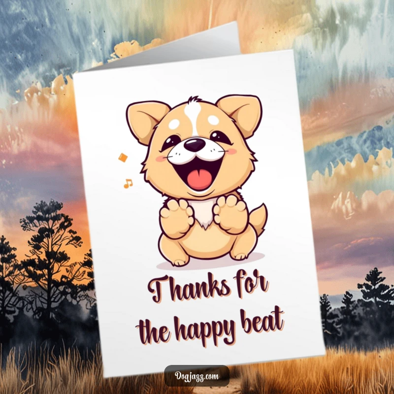Funny free printable thank you card: a dog taps its paws, creating a happy rhythm to show thanks.