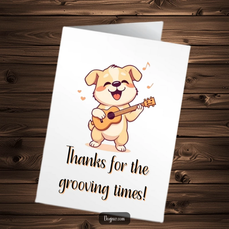 Funny Free Printable Thank You Card: A dog rhythmically bops its head to cool jazz music, conveying thanks with style.