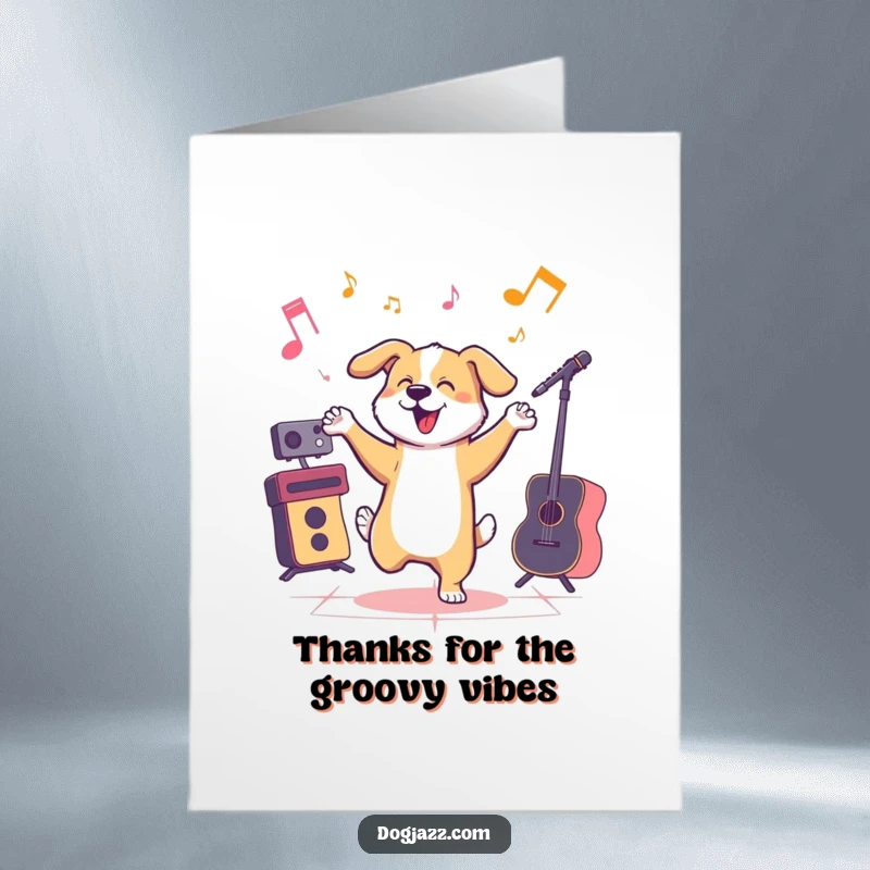 Funny free printable thank you card featuring a dog happily dancing with jazzy moves, expressing gratitude.