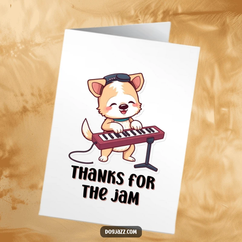 Funny Free Printable Thank You Card: Cheerful Terrier Dog Playing Keyboard with a Wagging Tail, Sending Thanks!
