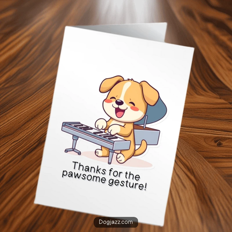 Funny Free Printable Thank You Card: A dog character enthusiastically playing a piano with its paws, expressing thanks.