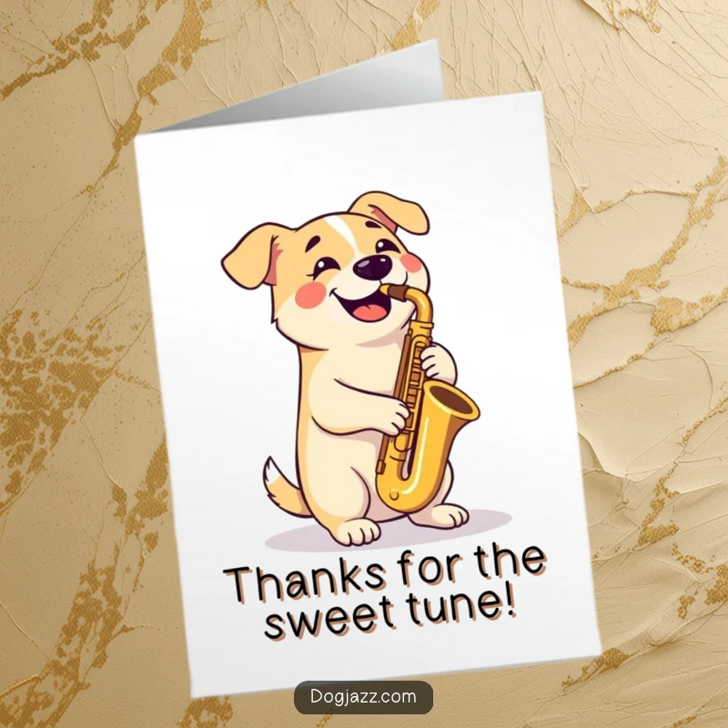 Funny Free Printable Thank You Card with a happy dog playing tenor saxophone, crossed paws adding to the charm of thanks.
