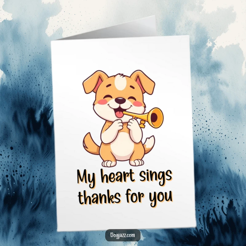 Funny Free Printable Thank You Card of a happy dog playing a trumpet, great for DIY appreciation.