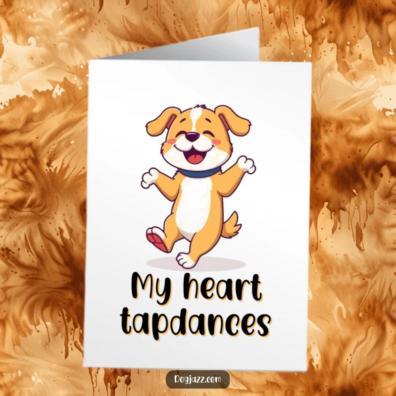 Funny free printable thank you card depicting a dog enthusiastically tap dancing with playful, rhythmic foot movements.