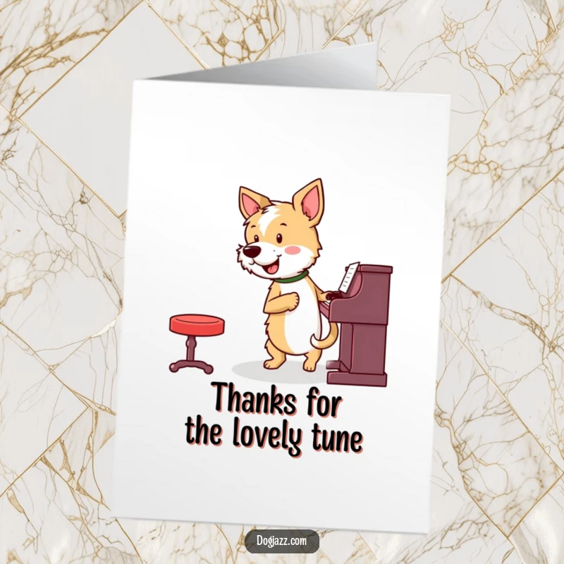 Funny Free Printable Thank You Card: Terrier plays a thankful melody on the piano.