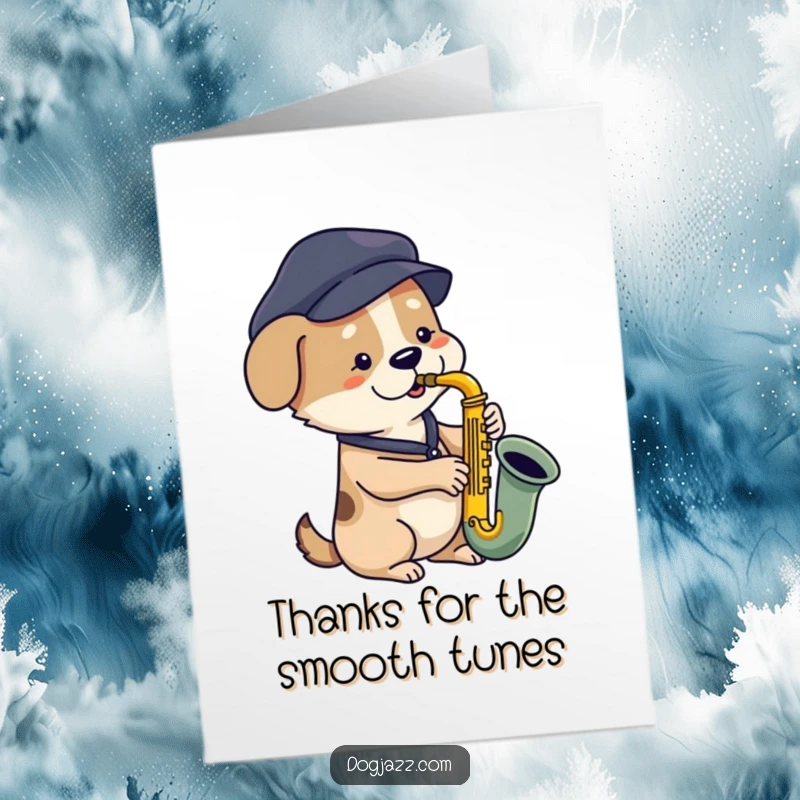 Funny Free Printable Thank You Card: A dog in a beret plays a saxophone, offering a jazzy thank you.