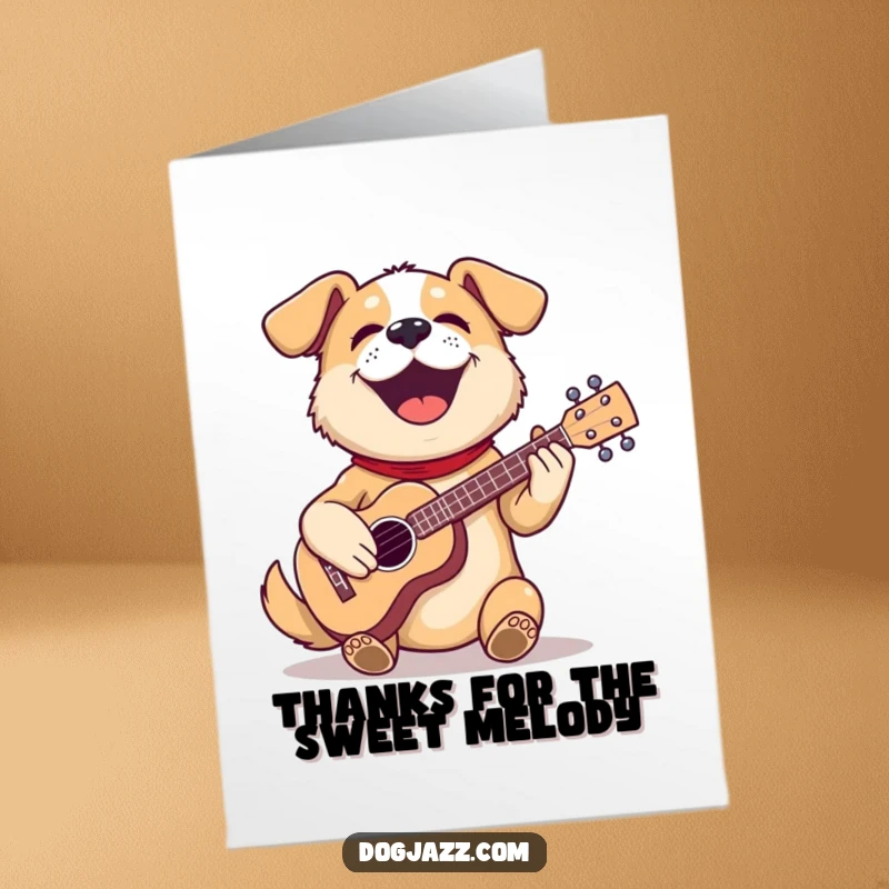 Funny Free Printable Thank You Card: A happy dog strumming a tiny ukulele to say thanks.
