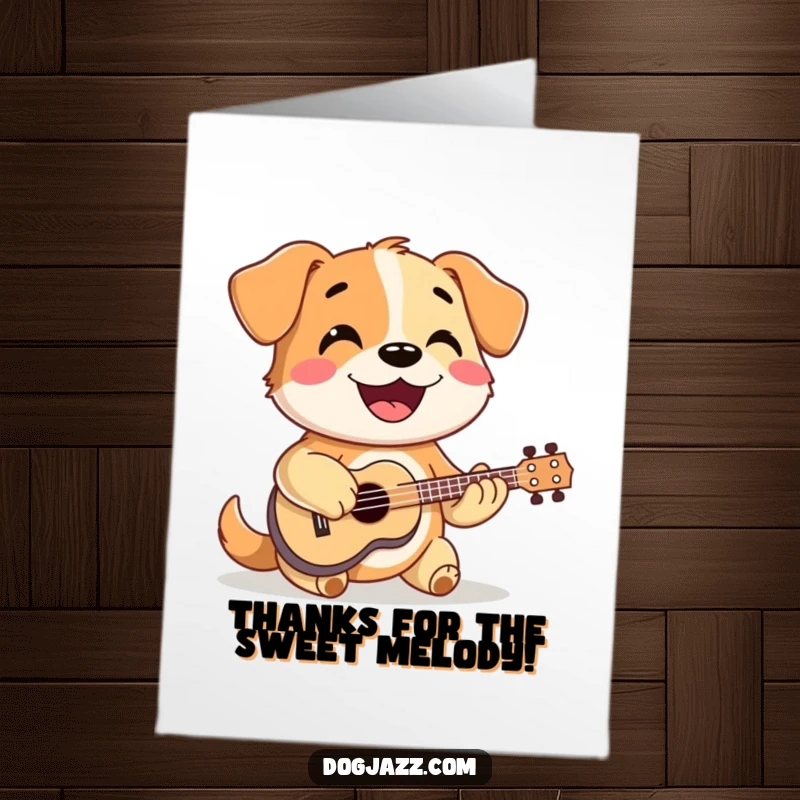 Funny Free Printable Thank You Card: Smiling dog enthusiastically strumming a tiny ukulele, musical gratitude, downloadable unique card.
