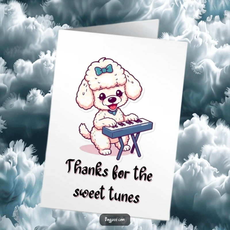 Funny free printable thank you card with a small poodle energetically playing a keyboard, conveying thanks through music.