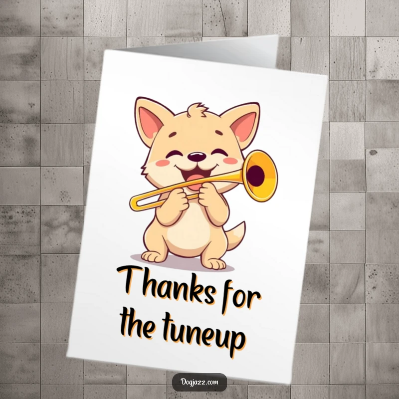 Funny Free Printable Thank You Card: A dog character joyfully plays a trombone, sending thanks.