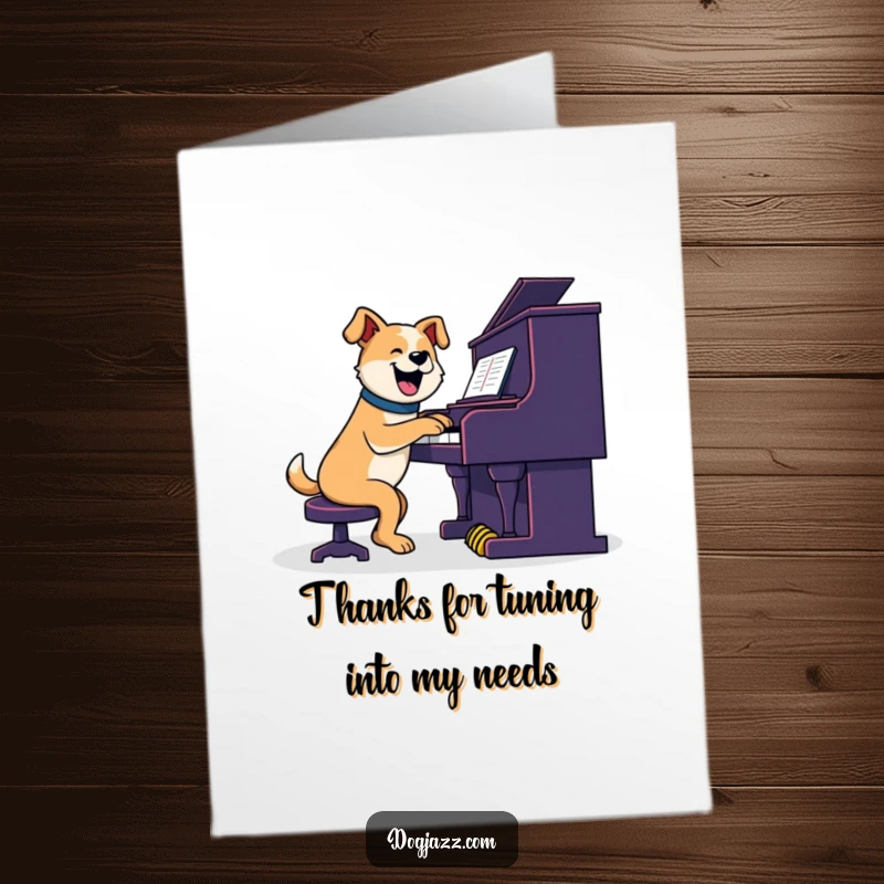 Funny Free Printable Thank You Card: A dog enthusiastically plays a jazzy piano, offering a musical thank you with a happy expression.