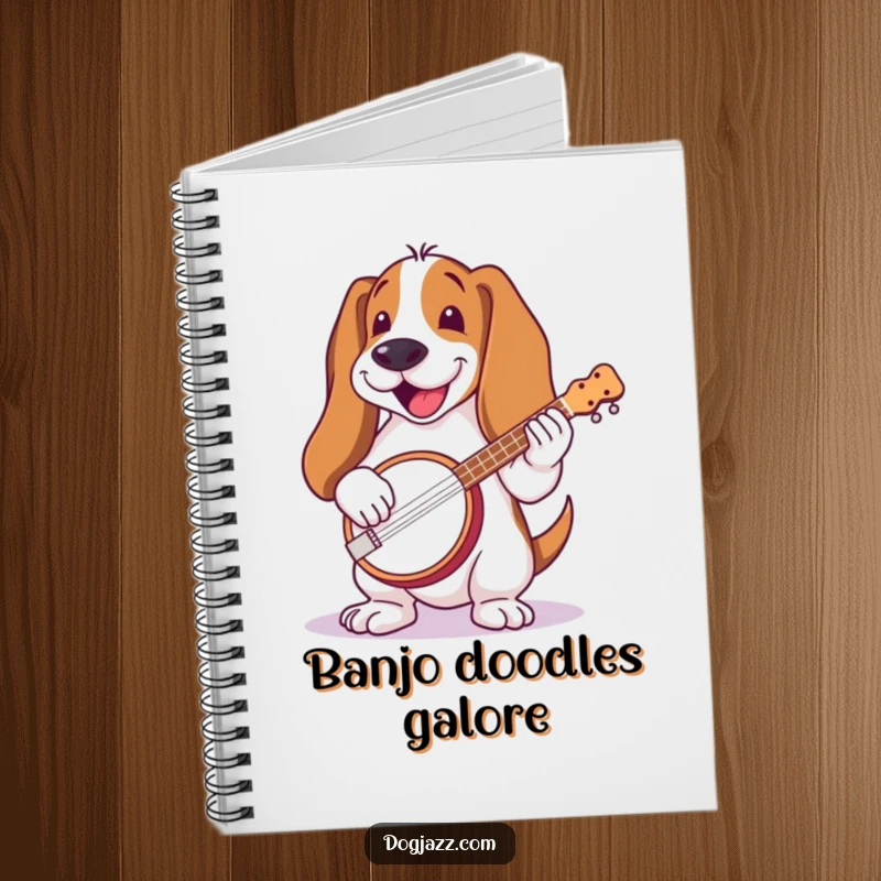 Funny Basset Hound Banjo Notebook: Basset hound with long ears, joyfully playing a banjo, perfect for writing folk songs.