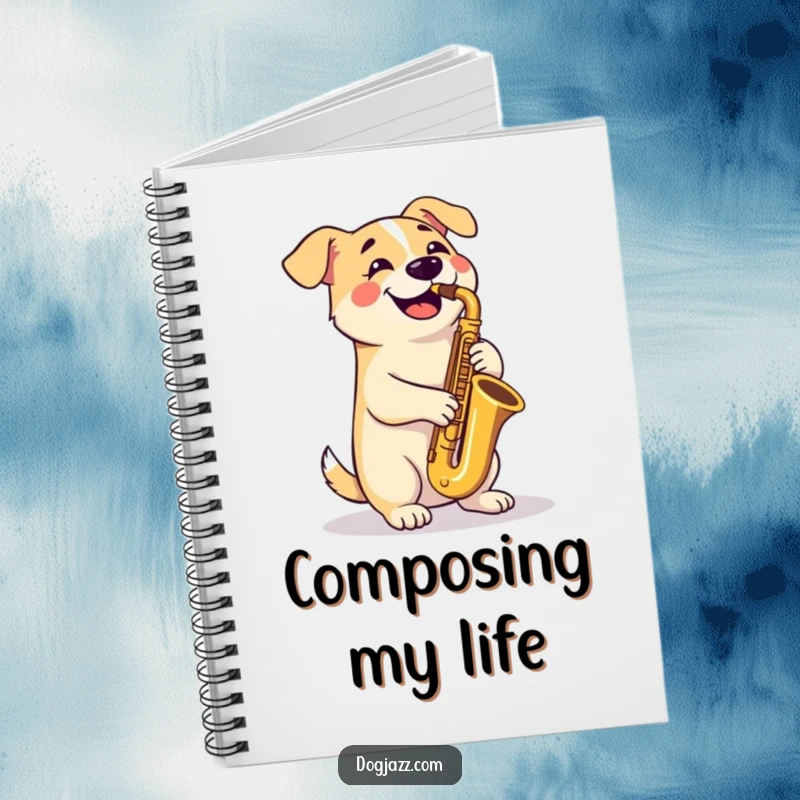 Funny Notebook: A happy dog plays a tenor saxophone with crossed paws, perfect for jotting down notes and creative ideas.