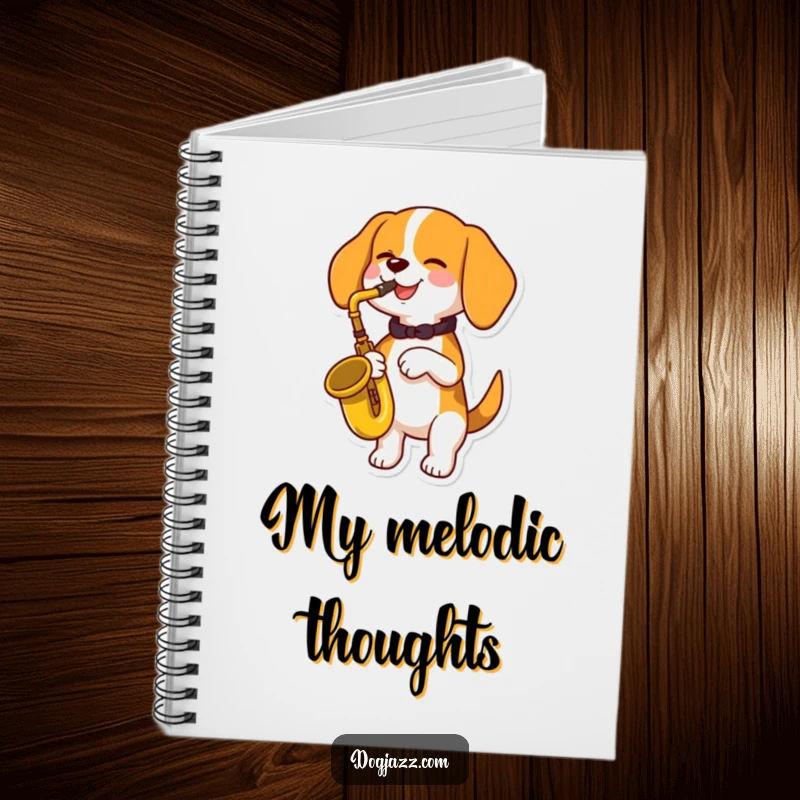 Funny beagle dog playing a saxophone, with musical notes, on the cover of a notebook, a funny gift for writers.