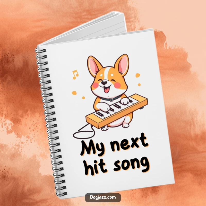 Funny Corgi notebook featuring a corgi character typing on a keyboard, ideal for jotting down funny notes and ideas.