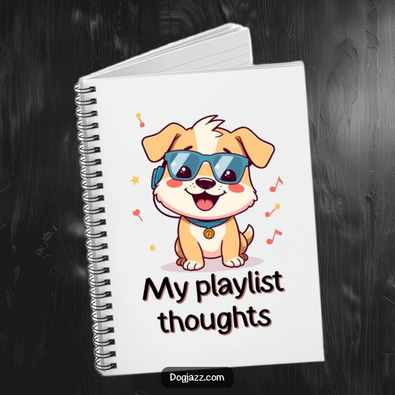 Funny dog notebook with a cheerful dog character grooving to a groovy beat, ideal for capturing musical ideas and daily notes.