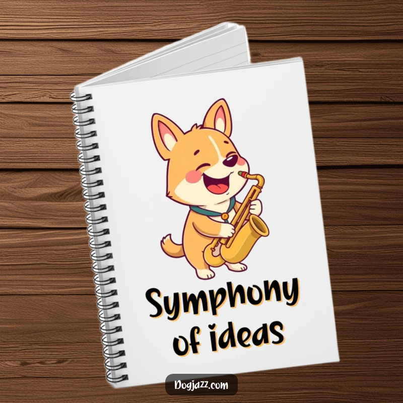 Funny notebook with a happy dog character playing a saxophone with a wide grin, inspiring music.